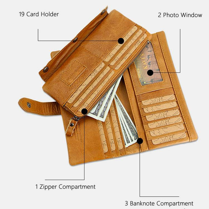 RFID-Geldbörse aus echtem Leder im Vintage-Stil mit großem Fassungsvermögen