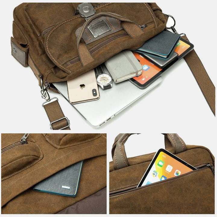Umhängetasche für Herren, Vintage-Aktentasche aus Canvas mit großem Fassungsvermögen