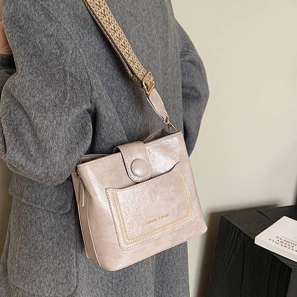 Damen Bucket Bag mit breitem Riemen, einfarbig, elegante Umhängetasche