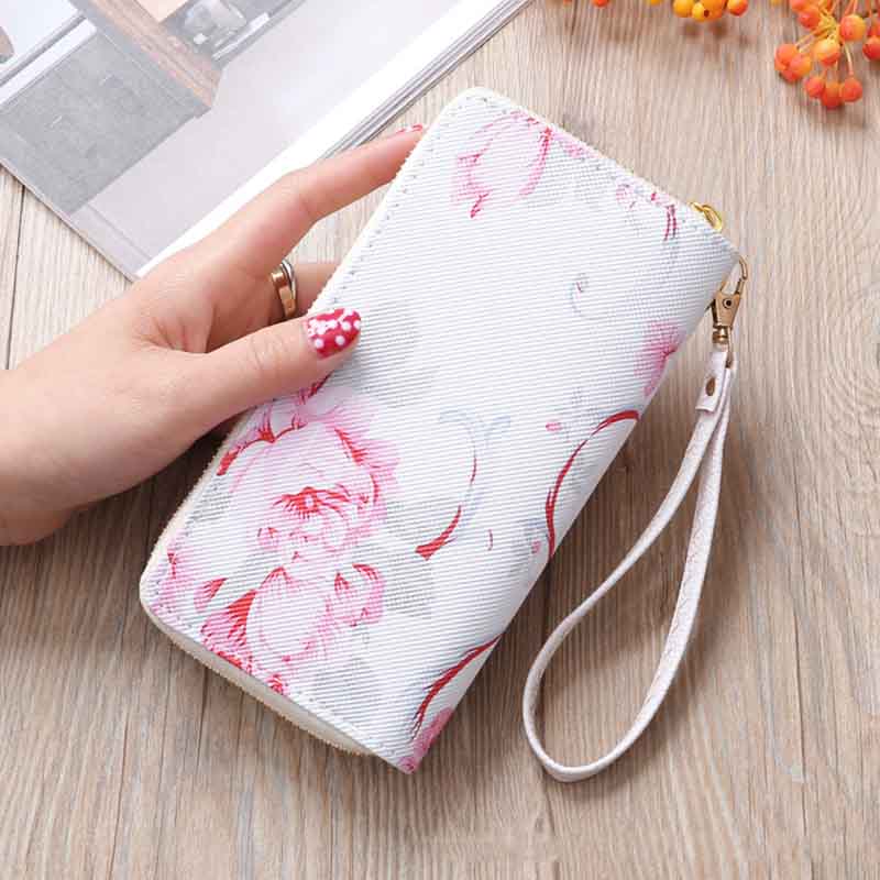 Lange Clutch mit Blumenmuster und Rose für Damen, elegante Geldbörse mit Doppelreißverschluss