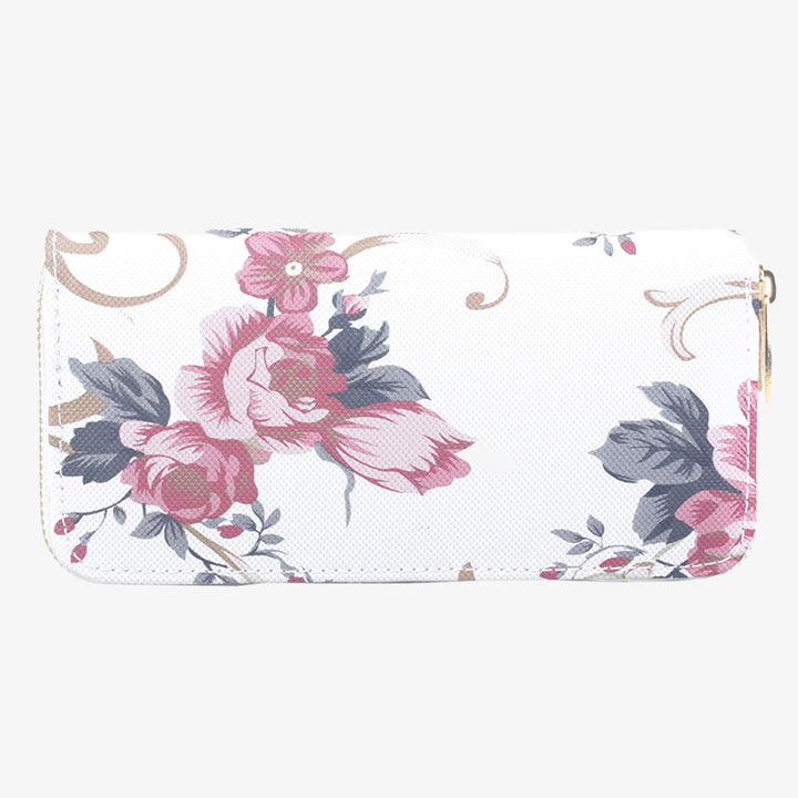 Lange Clutch mit Blumenmuster und Rose für Damen, elegante Geldbörse mit Doppelreißverschluss