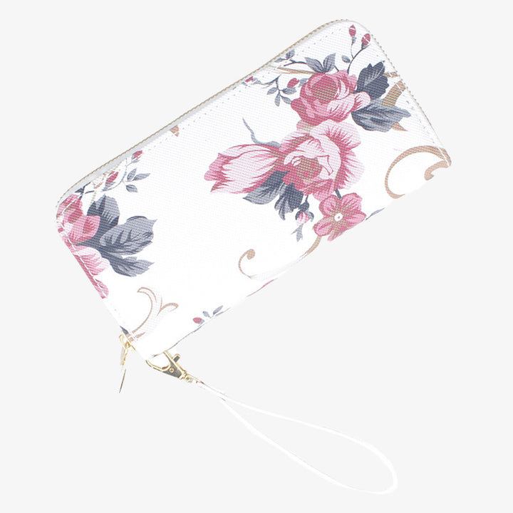 Lange Clutch mit Blumenmuster und Rose für Damen, elegante Geldbörse mit Doppelreißverschluss