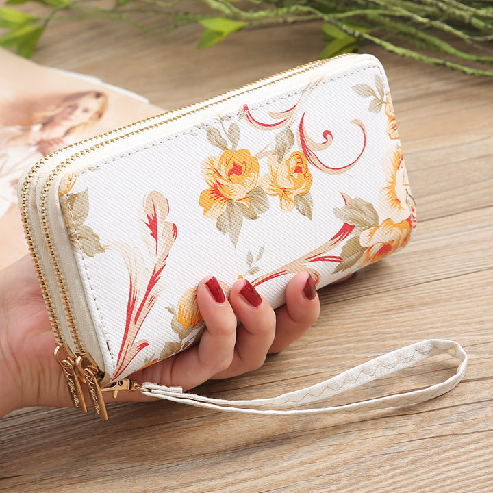 Lange Clutch mit Blumenmuster und Rose für Damen, elegante Geldbörse mit Doppelreißverschluss