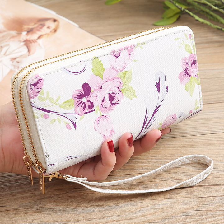 Lange Clutch mit Blumenmuster und Rose für Damen, elegante Geldbörse mit Doppelreißverschluss