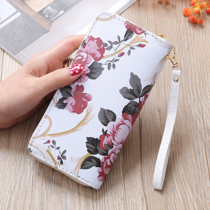 Lange Clutch mit Blumenmuster und Rose für Damen, elegante Geldbörse mit Doppelreißverschluss