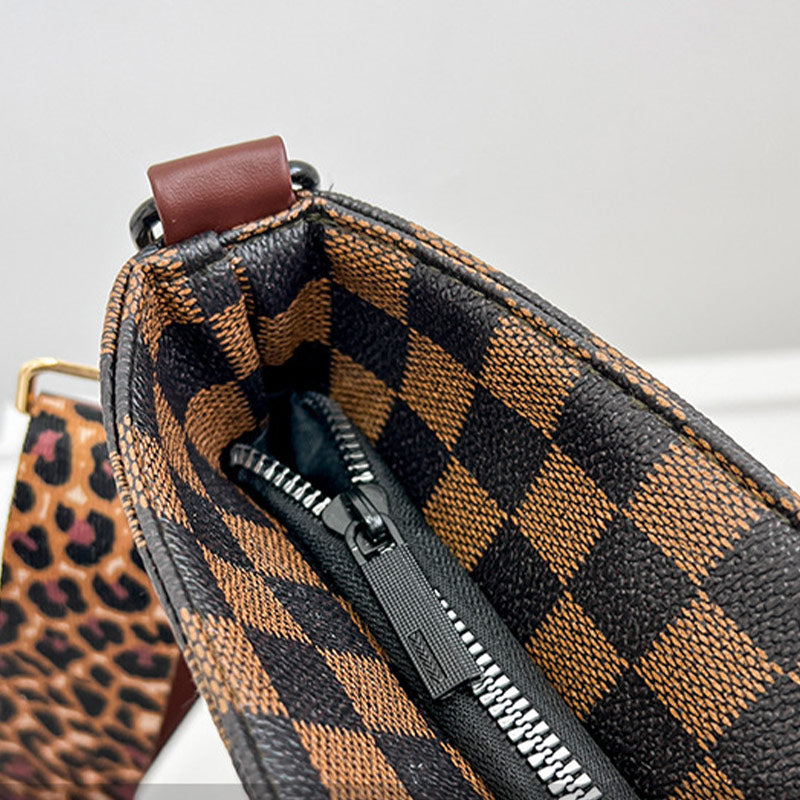 Umhängetasche mit Leoparden-Plaid-Print und breitem Riemen für Damen