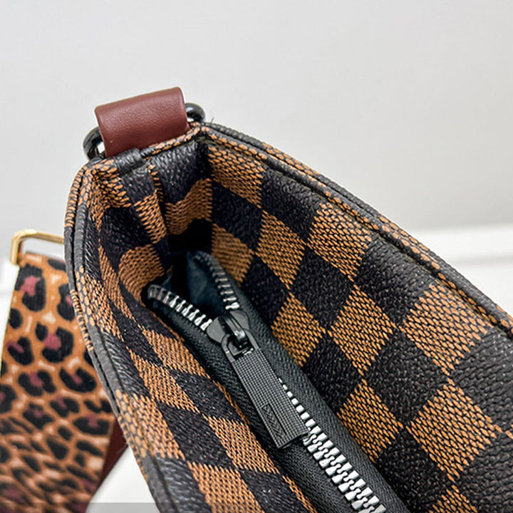 Umhängetasche mit Leoparden-Plaid-Print und breitem Riemen für Damen