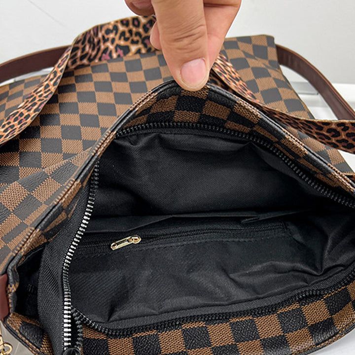 Umhängetasche mit Leoparden-Plaid-Print und breitem Riemen für Damen