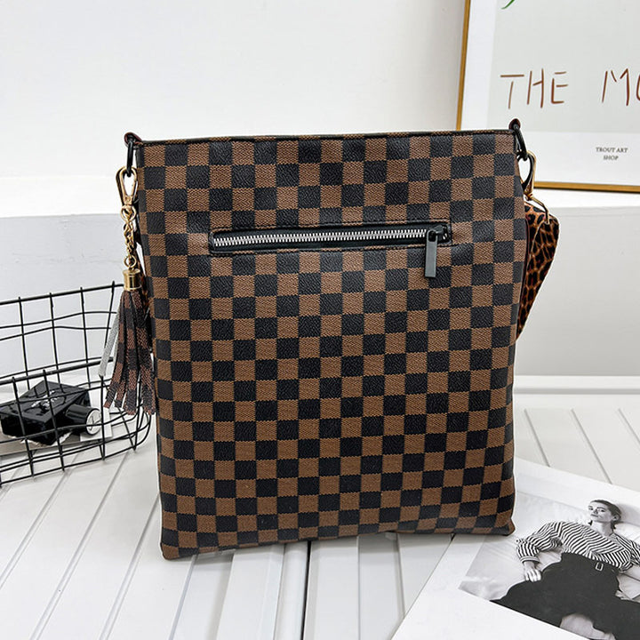 Umhängetasche mit Leoparden-Plaid-Print und breitem Riemen für Damen