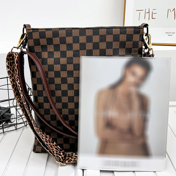 Umhängetasche mit Leoparden-Plaid-Print und breitem Riemen für Damen