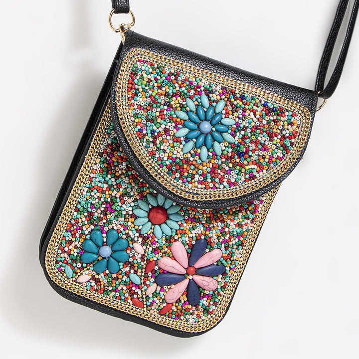 Bohemian Handytasche Damen Muschel Blumen Muster Magnetische Umhängetasche