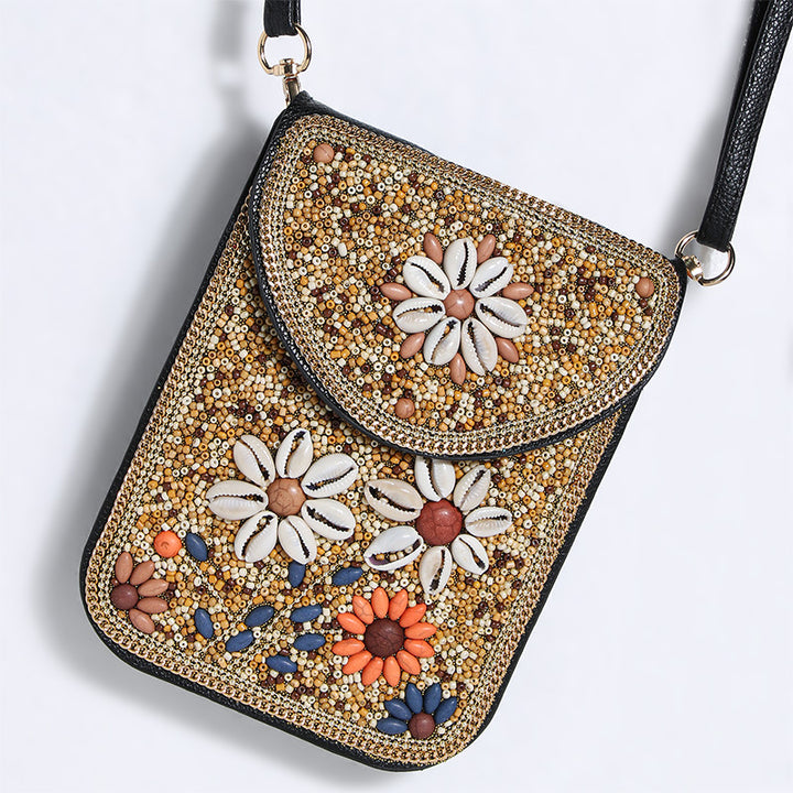 Bohemian Handytasche Damen Muschel Blumen Muster Magnetische Umhängetasche