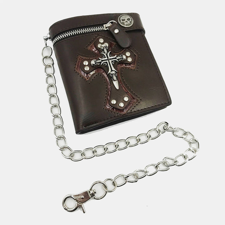 Totenkopf-Kreuz-Geldbörse mit Kettennieten-Geldscheinklammer für Männer