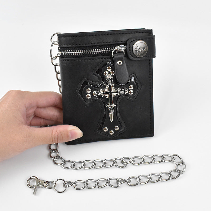 Totenkopf-Kreuz-Geldbörse mit Kettennieten-Geldscheinklammer für Männer
