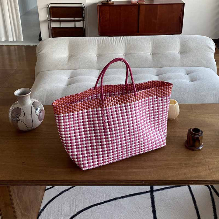 Große Tragetasche für Damen, farblich passende Strandtasche aus Stroh