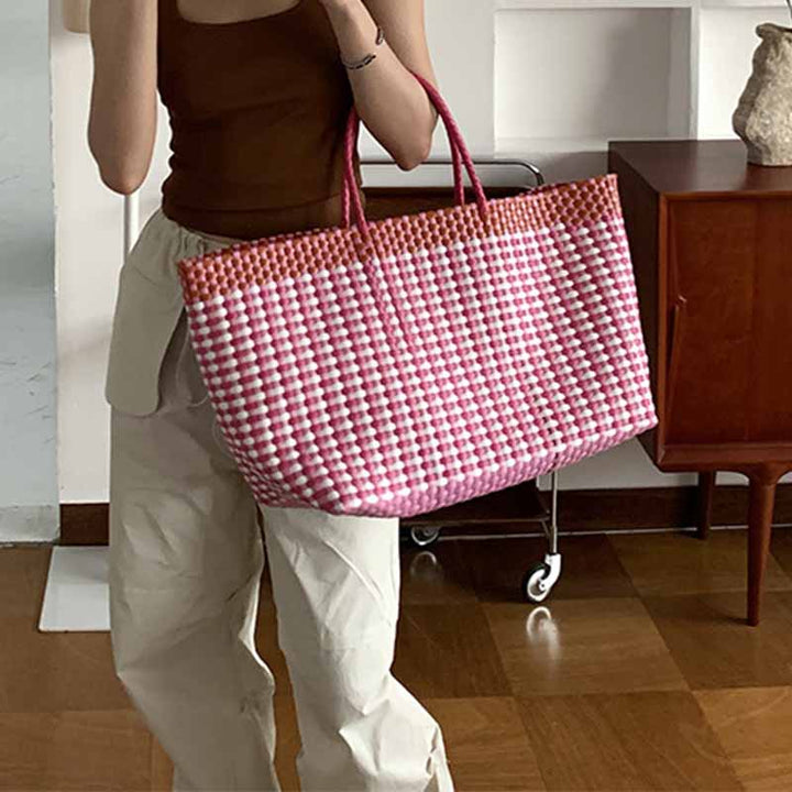 Große Tragetasche für Damen, farblich passende Strandtasche aus Stroh