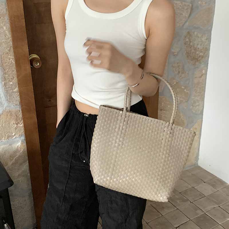 Einfarbige Strohtasche für Damen, Urlaubs-/Strandhandtasche