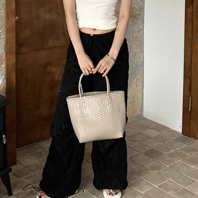 Einfarbige Strohtasche für Damen, Urlaubs-/Strandhandtasche