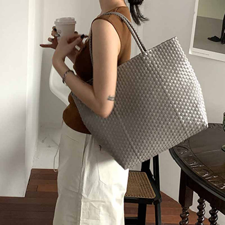 Einfarbige Strohtasche für Damen, Urlaubs-/Strandhandtasche