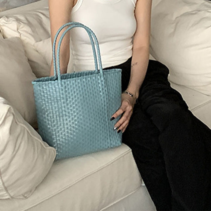 Einfarbige Strohtasche für Damen, Urlaubs-/Strandhandtasche