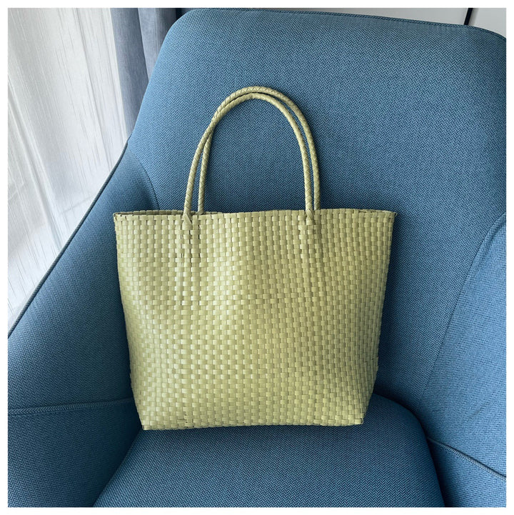 Einfarbige Strohtasche für Damen, Urlaubs-/Strandhandtasche - Hellgrün - Groß - image 13