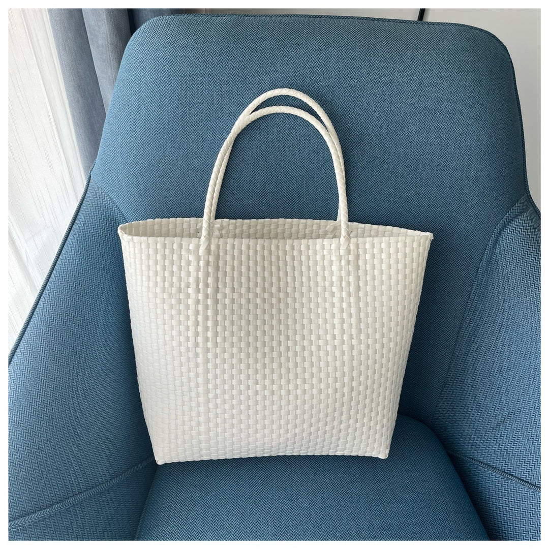 Einfarbige Strohtasche für Damen, Urlaubs-/Strandhandtasche - Weiß - Groß - image 12