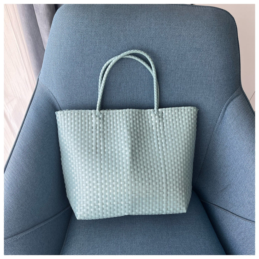 Einfarbige Strohtasche für Damen, Urlaubs-/Strandhandtasche - Hellblau - Groß - image 14