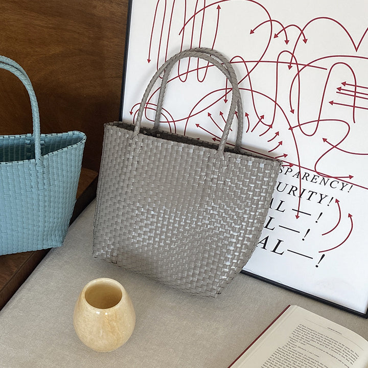 Einfarbige Strohtasche für Damen, Urlaubs-/Strandhandtasche - Hellgrau - Groß - image 17