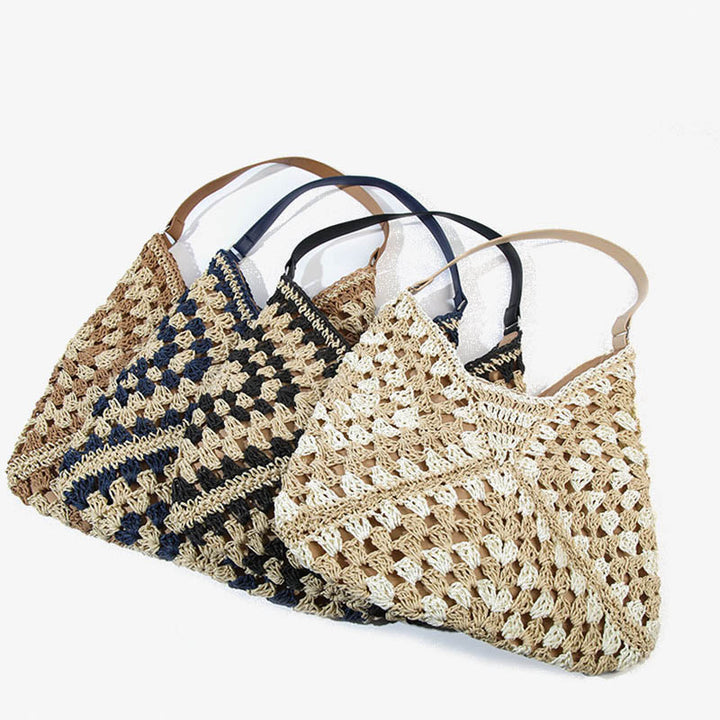 Stroh-Umhängetasche für Damen, ausgehöhlte Urlaubs-/Strandtasche