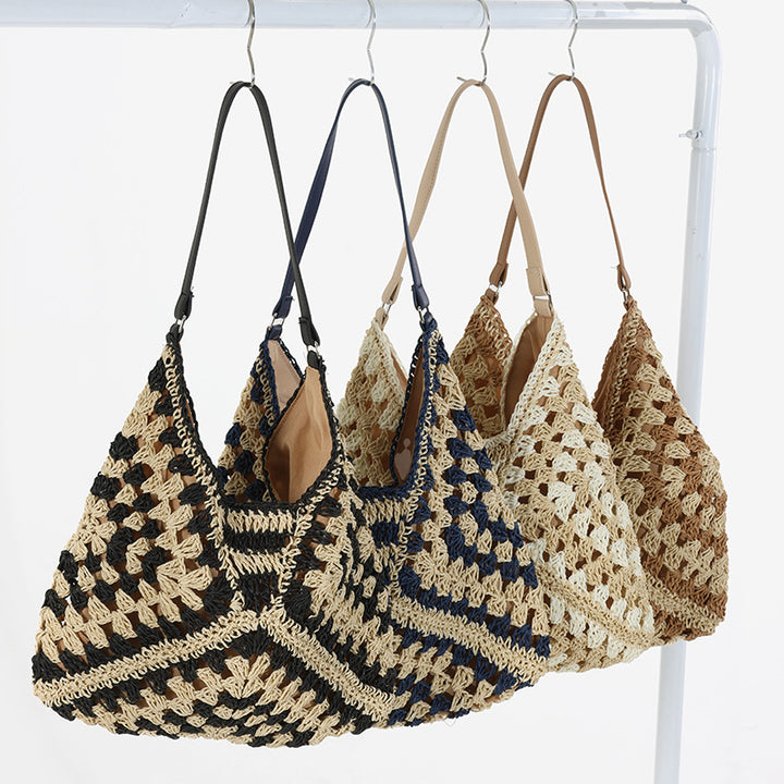 Stroh-Umhängetasche für Damen, ausgehöhlte Urlaubs-/Strandtasche