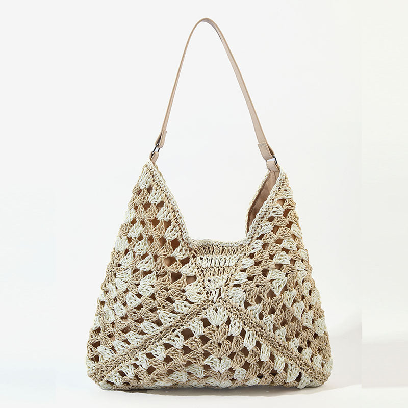 Stroh-Umhängetasche für Damen, ausgehöhlte Urlaubs-/Strandtasche