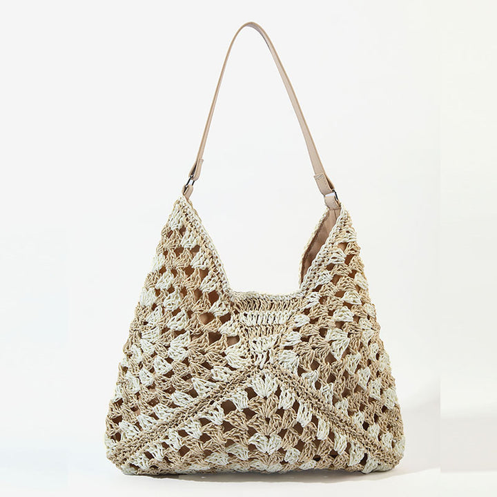 Stroh-Umhängetasche für Damen, ausgehöhlte Urlaubs-/Strandtasche
