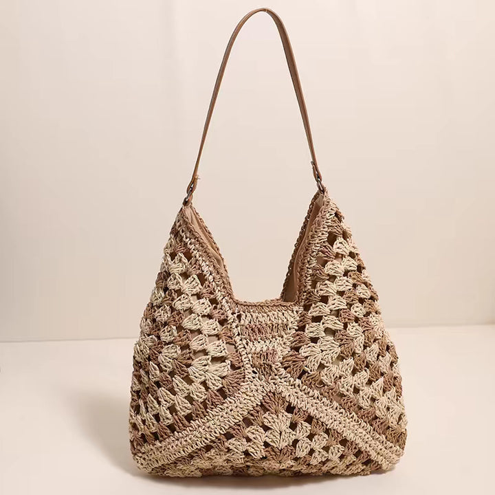 Stroh-Umhängetasche für Damen, ausgehöhlte Urlaubs-/Strandtasche