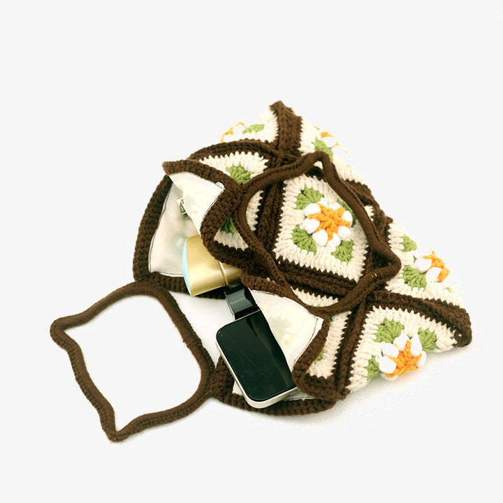 Gehäkelte Handtasche mit Katzenkopf-Griff, süße Blumen-Geldbörse für Frauen