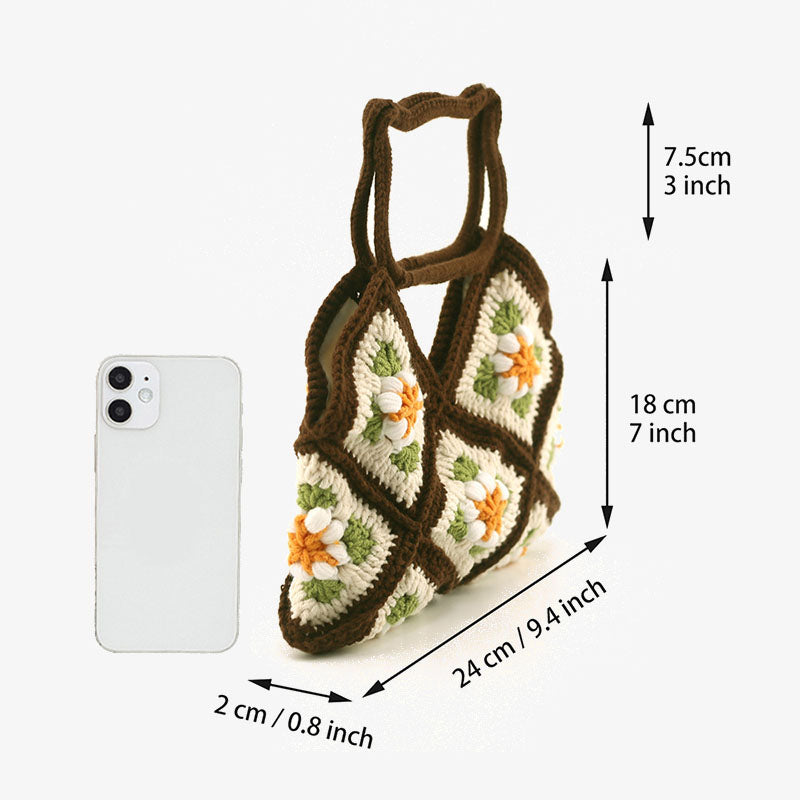 Gehäkelte Handtasche mit Katzenkopf-Griff, süße Blumen-Geldbörse für Frauen