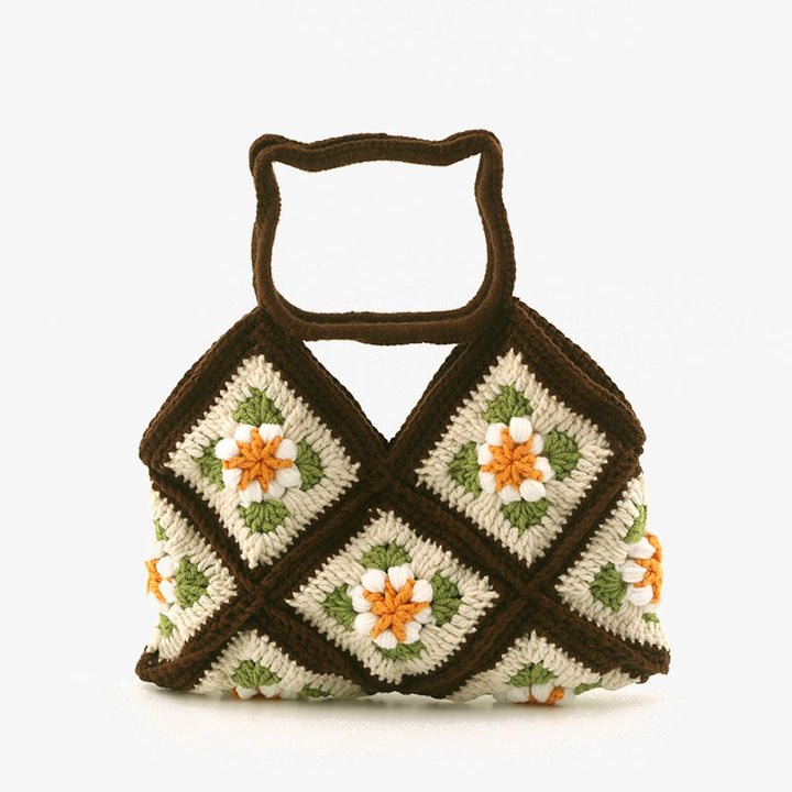 Gehäkelte Handtasche mit Katzenkopf-Griff, süße Blumen-Geldbörse für Frauen