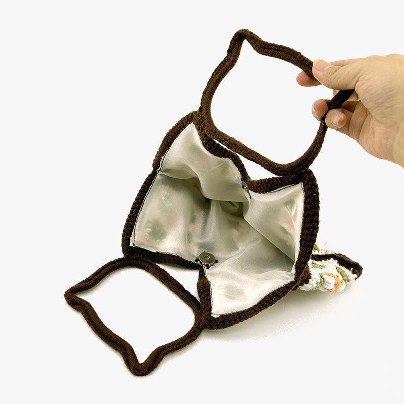 Gehäkelte Handtasche mit Katzenkopf-Griff, süße Blumen-Geldbörse für Frauen