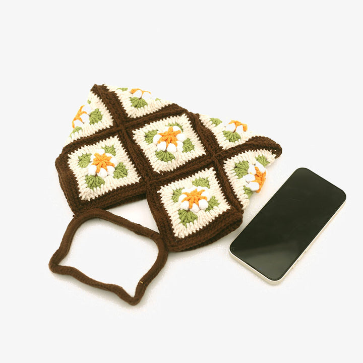 Gehäkelte Handtasche mit Katzenkopf-Griff, süße Blumen-Geldbörse für Frauen