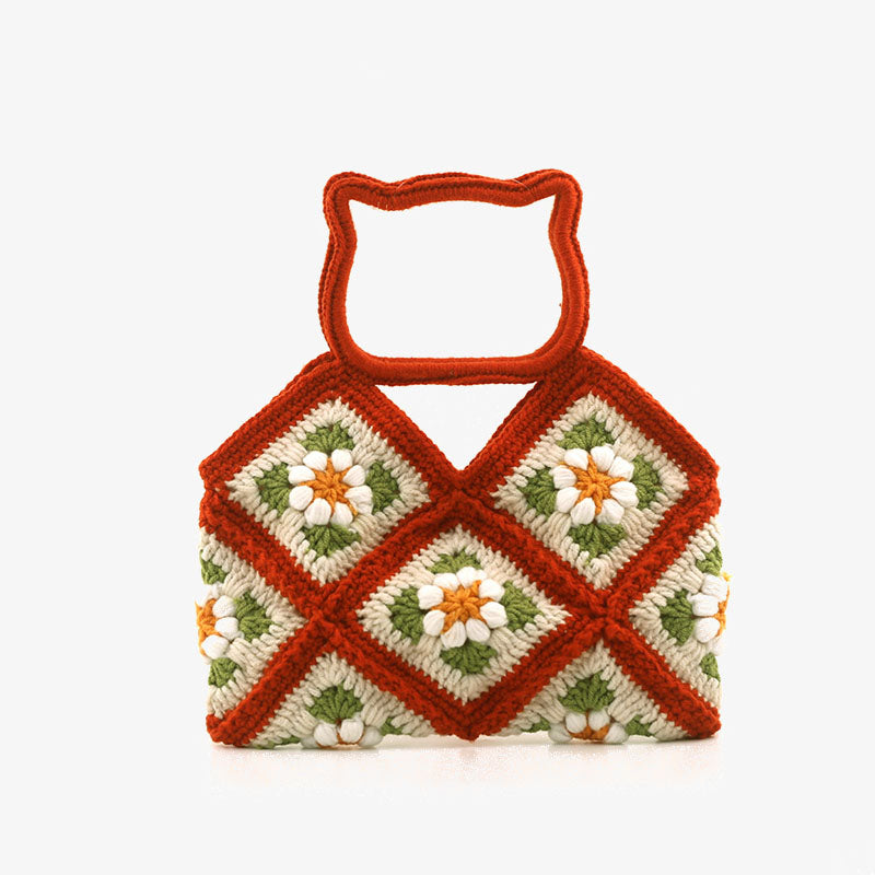 Gehäkelte Handtasche mit Katzenkopf-Griff, süße Blumen-Geldbörse für Frauen