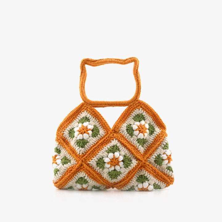 Gehäkelte Handtasche mit Katzenkopf-Griff, süße Blumen-Geldbörse für Frauen