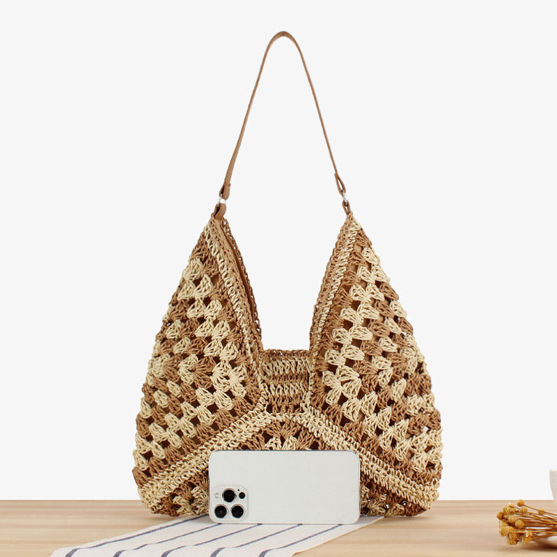 Stroh-Umhängetasche für Damen, ausgehöhlte Urlaubs-/Strandtasche