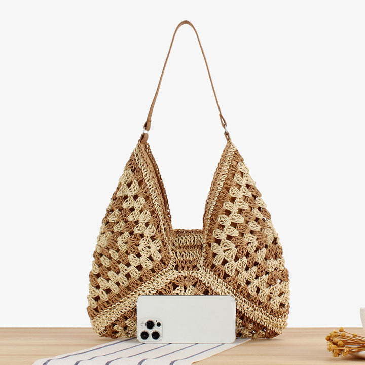 Stroh-Umhängetasche für Damen, ausgehöhlte Urlaubs-/Strandtasche