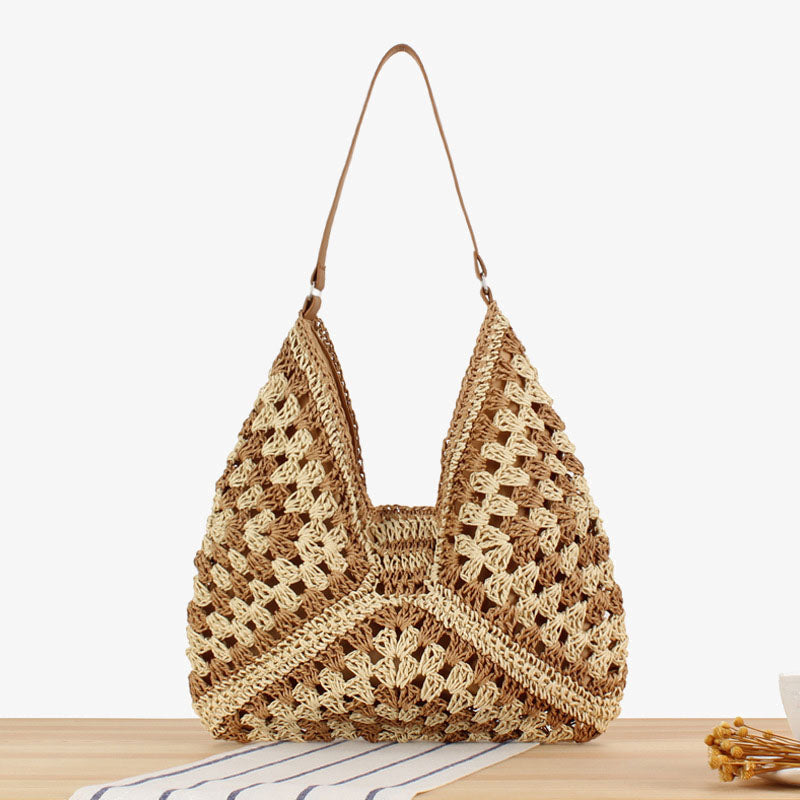 Stroh-Umhängetasche für Damen, ausgehöhlte Urlaubs-/Strandtasche