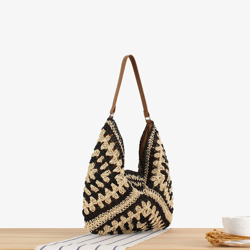 Stroh-Umhängetasche für Damen, ausgehöhlte Urlaubs-/Strandtasche