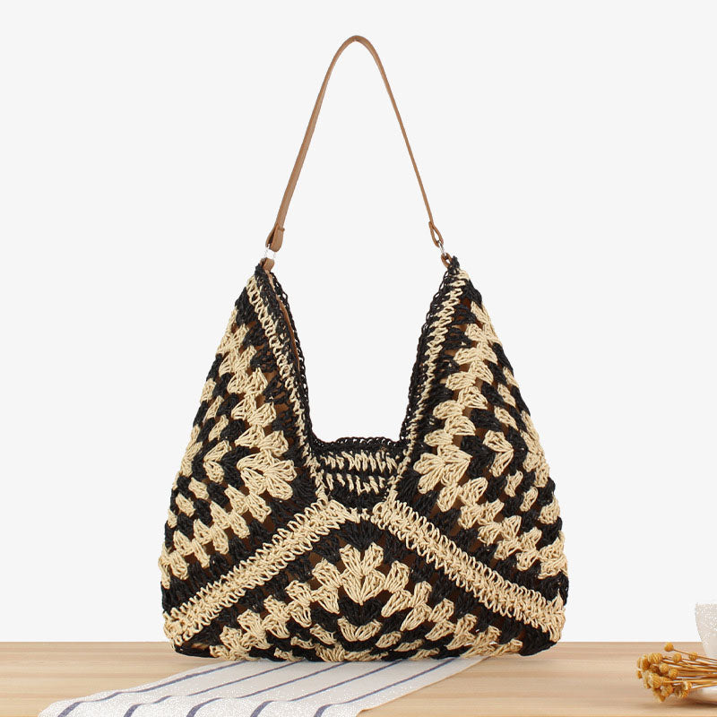Stroh-Umhängetasche für Damen, ausgehöhlte Urlaubs-/Strandtasche