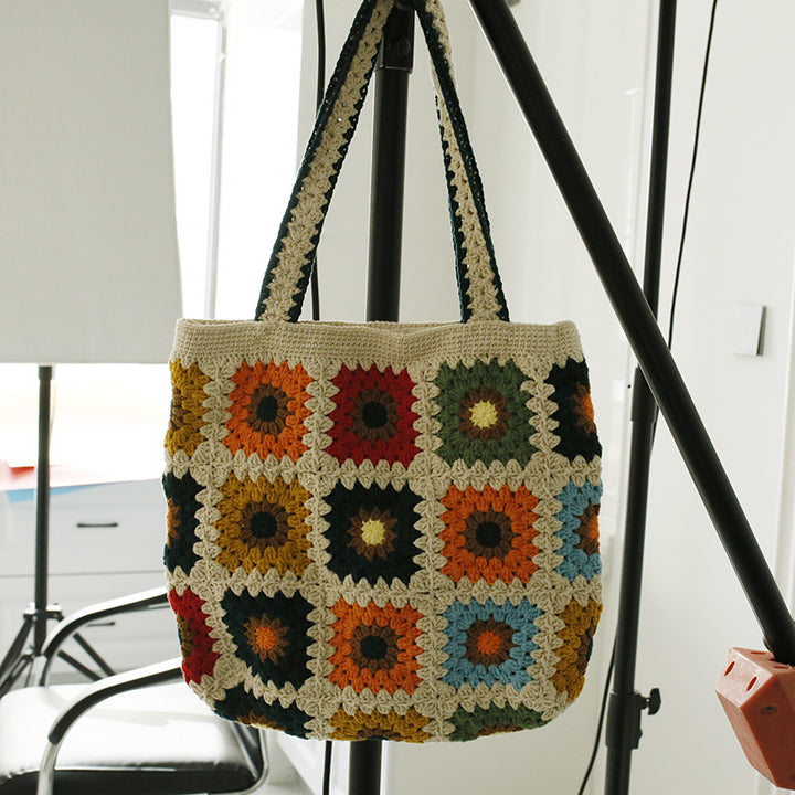 Karierte Umhängetasche, süße bunte Häkelhandtasche für Damen