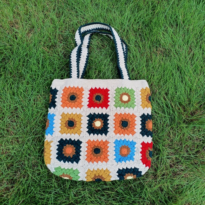 Karierte Umhängetasche, süße bunte Häkelhandtasche für Damen