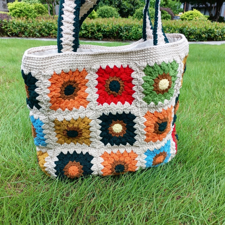 Karierte Umhängetasche, süße bunte Häkelhandtasche für Damen