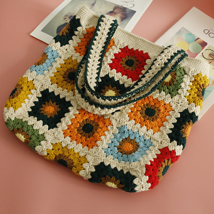 Karierte Umhängetasche, süße bunte Häkelhandtasche für Damen