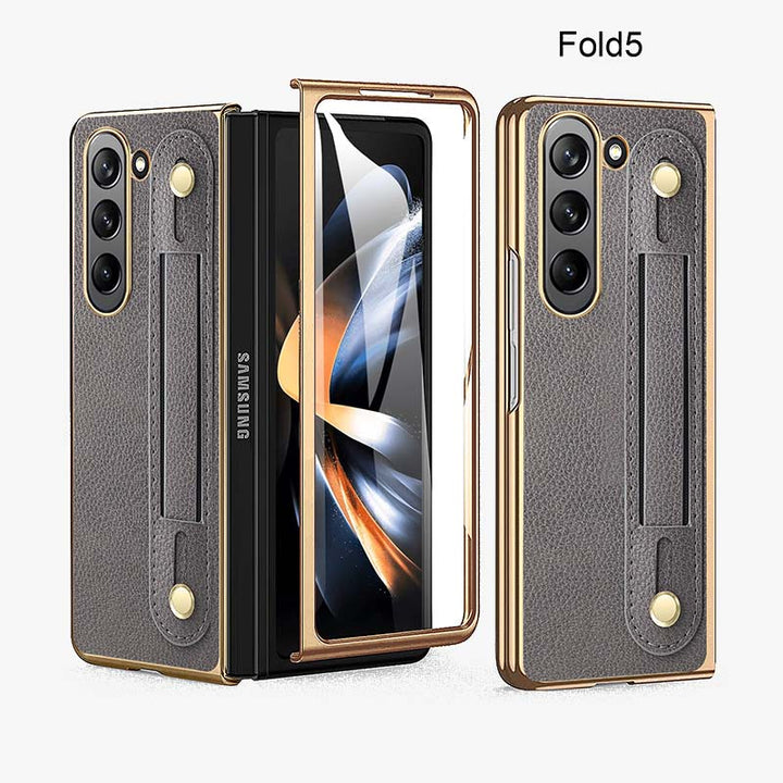 Samsung Fold - Faltbare Anti-Drop-Telefonhülle aus Leder mit Handschlaufe